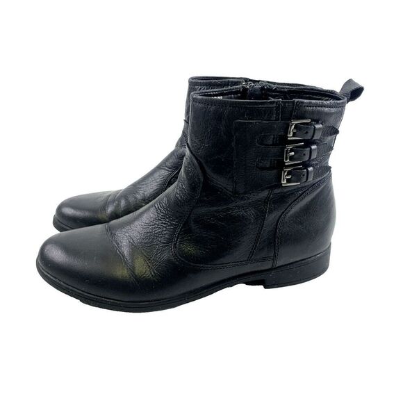 Earth Norway Black Leather Ankle Boots Side Zip Triple Buckle Comfort Womens 10 - Picture 1 of 13